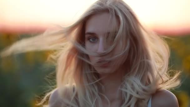 Mujer en el campo al atardecer mirando a la cámara, el viento sopla su cabello — Vídeos de Stock