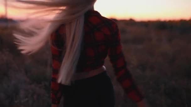Hermosa mujer sexy caminando en el campo después del atardecer al atardecer — Vídeos de Stock