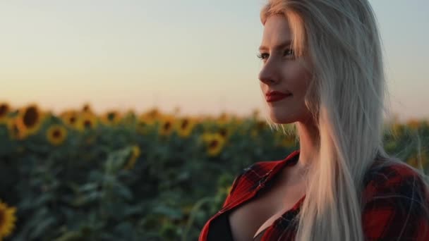 Sexy blonďatá žena na portrétu v slunečnicovém poli — Stock video