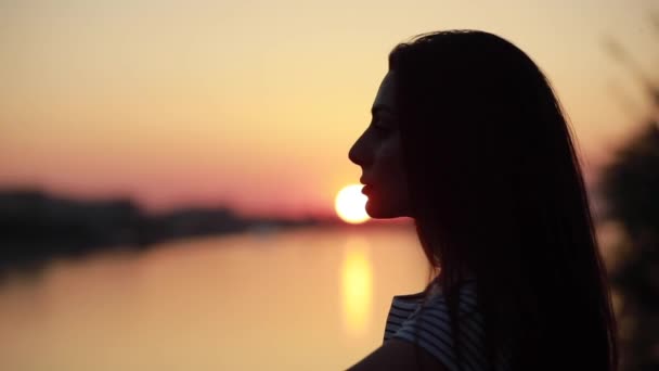 Silhueta de mulher relaxante e olhando para o pôr do sol — Vídeo de Stock