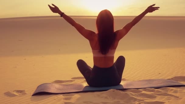 Silhouette de femme méditant le yoga dans le désert — Video