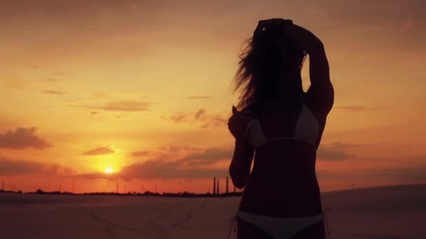 Silhouette einer sexy Frau, die in der Wüste geht und posiert — Stockvideo