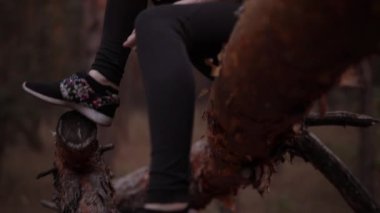 Ormandaki ağaç gövdesinde oturan ve etrafa bakan bir kadın.