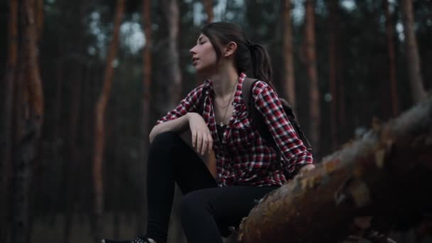 Zmęczona, ale szczęśliwa kobieta siedzi na pniu drzewa w lesie i relaksuje — Wideo stockowe