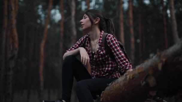 Mujer cansada pero feliz sentada en el tronco del árbol en el bosque y relajante — Vídeo de stock