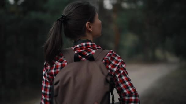 Turista mujer fotógrafa senderismo en el bosque, vista trasera — Vídeo de stock