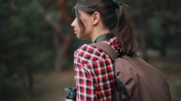 Turista mujer fotógrafa senderismo en el bosque, vista trasera — Vídeo de stock