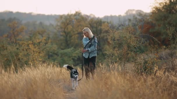 Kvinna som springer med hund på naturen vid solnedgången. bekymmersfri njuter av en sommartid med husdjur. — Stockvideo