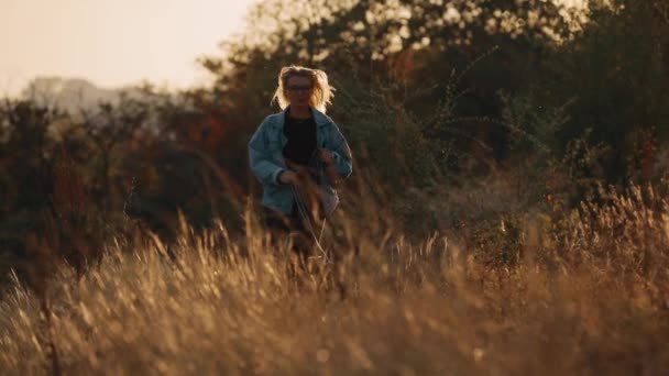 Frau läuft mit Hund in der Natur bei Sonnenuntergang. Unbekümmert Sommerzeit mit Haustier genießen. — Stockvideo