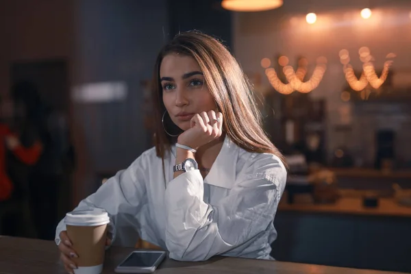 Attractive woman portrait in cafe, view through window — Stock Photo, Image