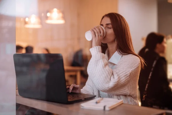 在咖啡馆用笔记本电脑工作的妇女 — 图库照片