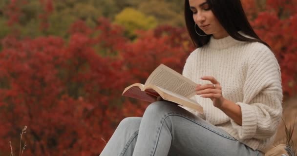 Frau liest Buch sitzend im Herbstwald — Stockvideo