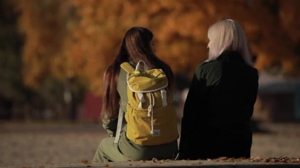 Duas mulheres amigas sentadas perto do rio e olhando para trás — Vídeo de Stock
