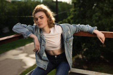 Güzel kadın sanat portresi çite yaslanıyor.