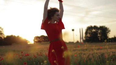 Kadın tarlaya gelincik çiçekleri atıyor.