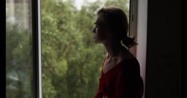 Silhouette di bella donna che guarda attraverso la finestra — Video Stock