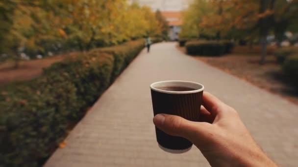 ПОВ, человек несет бумажную чашку кофе, гуляя по осени. — стоковое видео
