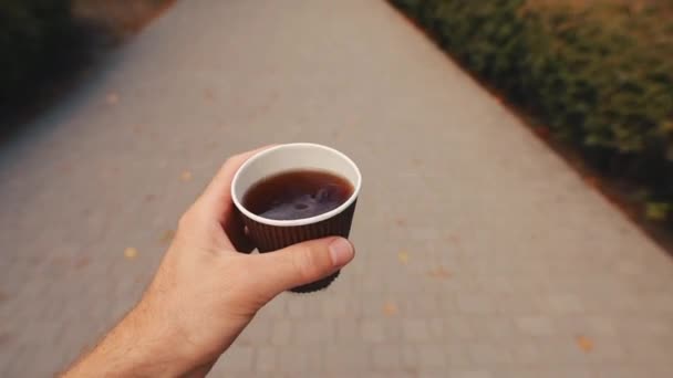 POV, Mann trägt Pappkaffeetasse zu Fuß entlang der Herbstallee — Stockvideo