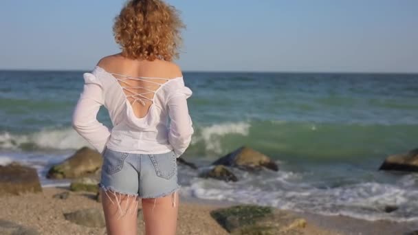 Vista posterior de la mujer mira al mar — Vídeo de stock
