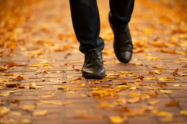 Men Boots Walking Sidewalk Strewn Yellow Autumn Leaves — Stock Photo, Image