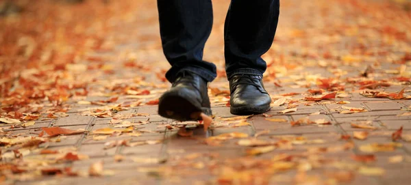 Men Boots Walking Sidewalk Strewn Yellow Autumn Leaves — Stock Photo, Image