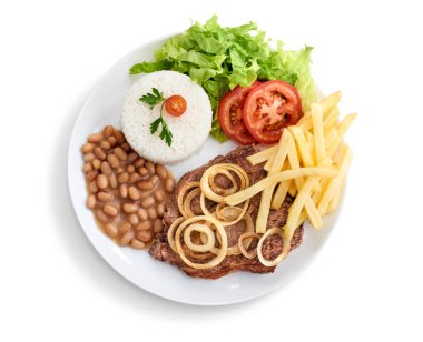 Alcatra yönetici yemeği, pilav, fasulye, salata ve patates kızartması ile birlikte asebolado bifteği.