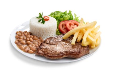 Pirinç, fasulye, salata, patates kızartması ve aşağıdan manzaralı Alcatra bifteği.