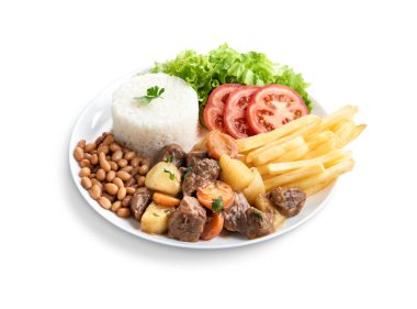 Pirinçli, fasulyeli, salatalı, patates kızartmalı kıyma.