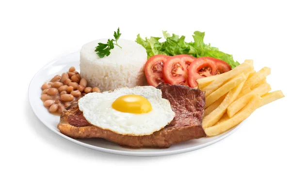 Plato Ejecutivo Filete Con Arroz Frijoles Ensalada Papas Fritas Huevo —  Fotos de Stock