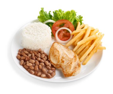 Pirinç, fasulye, salata ve patates kızartmalı tavuk fileto.