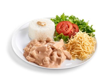 Strogonoff Tavuk, Pirinç, Salata ve Saman Patates Yöneticisi Tabağı