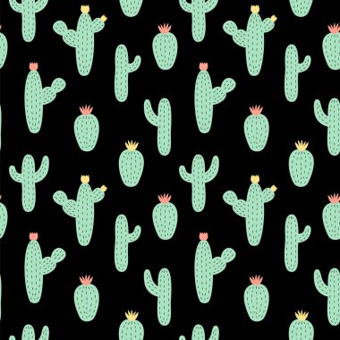 Vektör seamless modeli kaktüs çiçek ile. Elle çizilmiş baskı karalamalar tarzı. Kumaş, kağıt, karalama defteri, duvar kağıdı, arka plan için sonsuz Yazdır