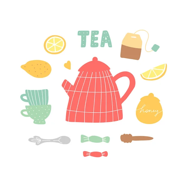 Чайний Настрій Малювання Рук Векторні Ілюстрації Чайник Лимон Чайна Сумка — стоковий вектор