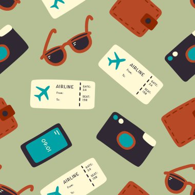 Kamera, bilet, akıllı telefon, güneş gözlüğü ve cüzdan
