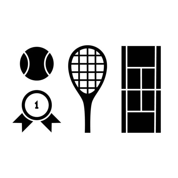 Juego de tenis. Bola, raqueta, pista, insignia de ganar — Vector de stock