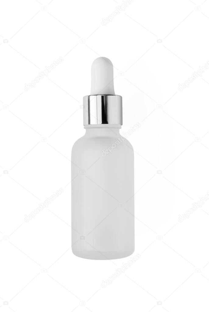 Frosted glass bottle with dropper with silver metallic cup isolated on white background, top view. Mockup cosmetic product