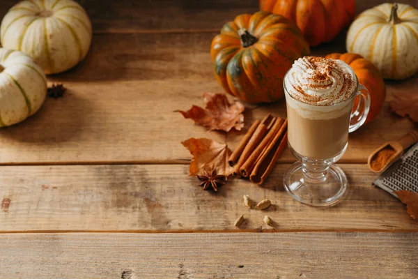Spice pumpkin latte with cream foam, cinnamon stick, leaf and orange pumpkins on wooden background, copy space