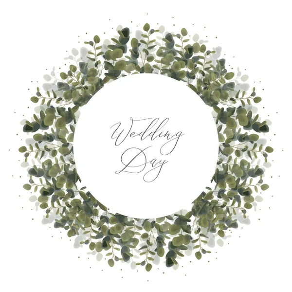 Wedding Invitation Card Eucalyptus Leaf Banner Date Greenery Herbs Foliage — Stock Vector