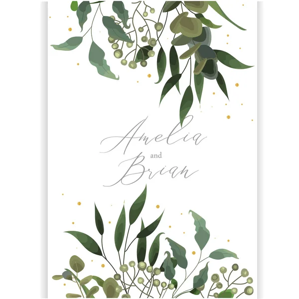 Hochzeitseinladungskarte Mit Vertikalem Banner Aus Eukalyptusblatt Speichern Das Datum Grüne — Stockvektor