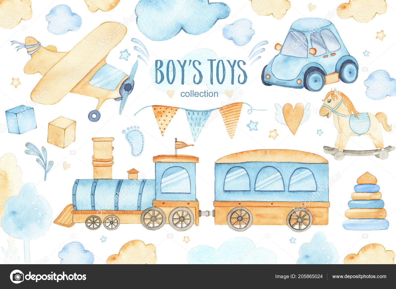 Watercolor Boys Toys Baby Shower Set Car Airplane Train