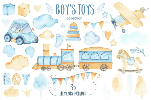 Akwarela Chłopców Zabawki Dla Dzieci Zestaw Natryskowy Samochodu Samolot Pociągu — Zdjęcie stockowe
