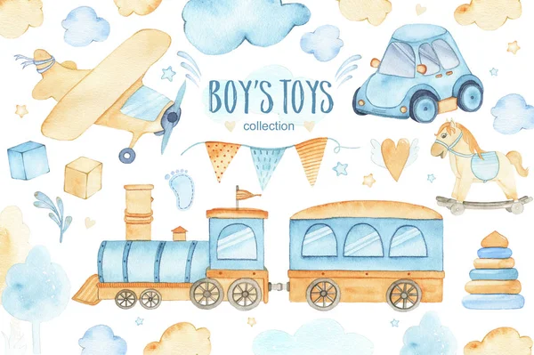 Watercolor Boys Toys Baby Shower Set Car Airplane Train Garland — Stock Photo, Image