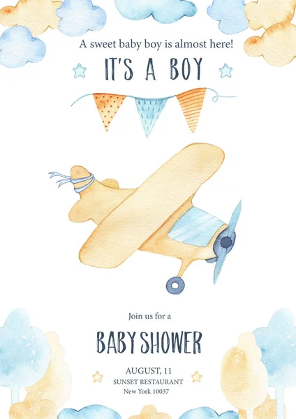 Watercolor Its Baby Boy Shower Cute Airplane Orange Plane Garland — Stock Photo, Image