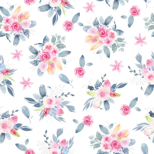 Watercolor Seamless Pattern Hand Painted Flower Pink Peony Rose Leaves — Stock Photo, Image