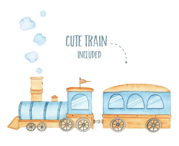 수채화 귀여운 기관차 어린이 장난감 다채로운 — 스톡 사진
