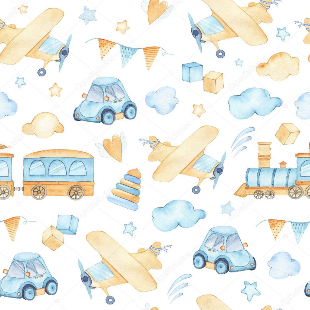 Watercolor seamless pattern with boys toys train airplane car cubes clouds isolated on white background. Child kid toys illustration