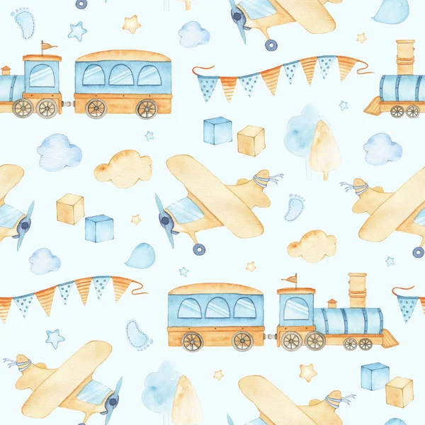 Akvarell Varrat Nélküli Mintát Boys Toys Vonat Repülőgép Felhők Elszigetelt — Stock Fotó