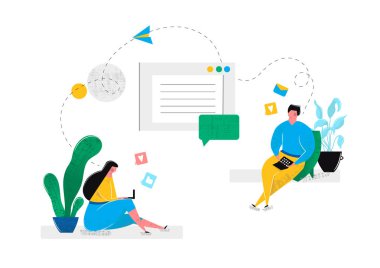 Sosyal ağlar sohbet odaları internet dating online sanal ilişkiler. Erkek ve kadın laptop birbirleri ile evde oturan iletişim. Internet sanal gerçeklik. Vektör çizim