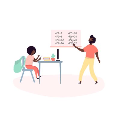 Tek siyah baba ve oğul Afrikalı birlikte vakit - okul dersleri, çarpım tablosu odasında evde öğretim babamın işi Amerikalılar. Vektör çizim düz çizgi film tarzı