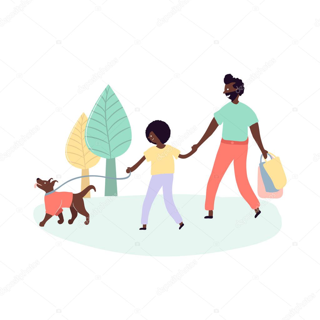 Single black father and son african americans spending time together - walking outdoors on street park with dog. Vector illustration in flat cartoon style